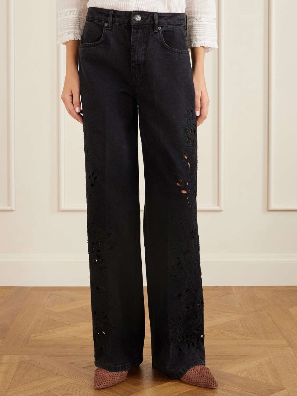 FARM Rio Black Wide-Leg Jeans with Eyelet Embroidery